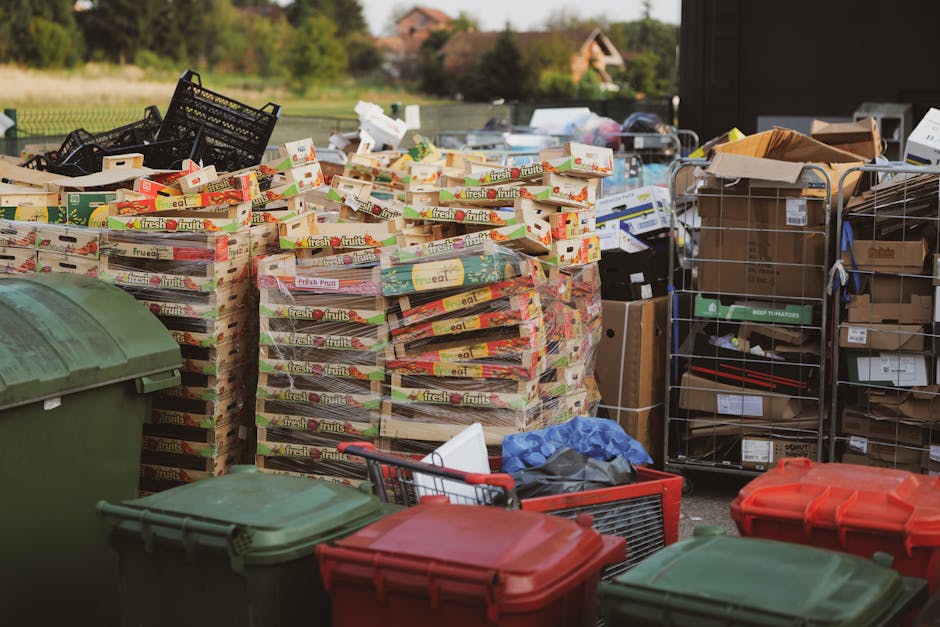 A large outdoor area featuring numerous stacks of flattened cardboard fruit and vegetable boxes, primarily white with red, green, and yellow accents, arranged on wooden pallets. To the right, there ar